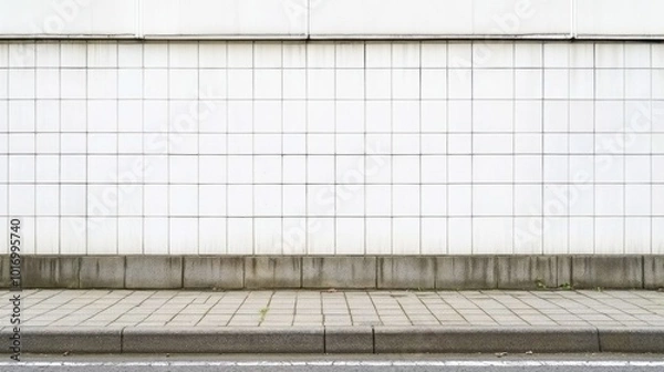 Obraz A white tiled wall stands next to a neatly paved sidewalk, illuminated by sunlight. The environment is serene, showcasing the patterns of shadows and the clean surface