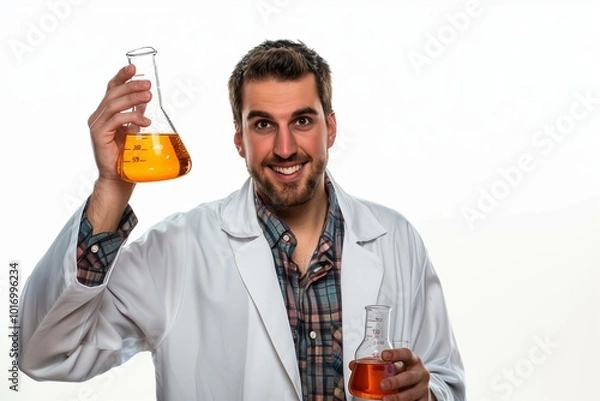 Obraz A scientist in a lab coat, holding a beaker with a curious expression, cut out against a white background.