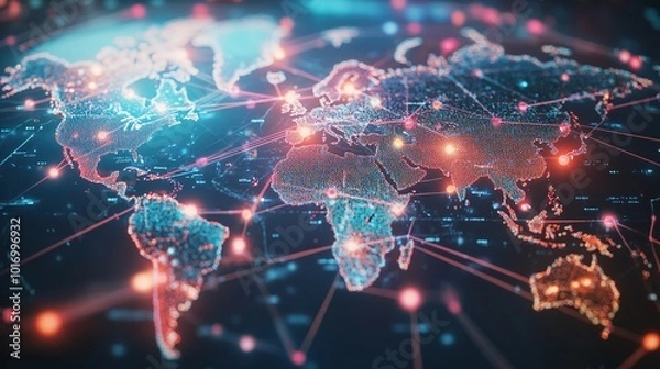 Fototapeta Global Network with Illuminated Continents and Interconnected Lines
