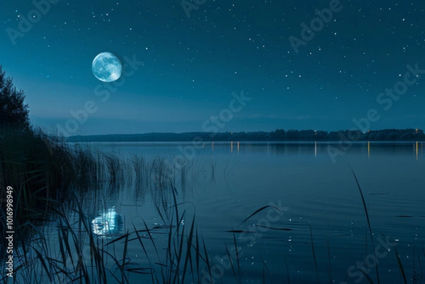 Fototapeta A large moon is reflected in the water of a lake