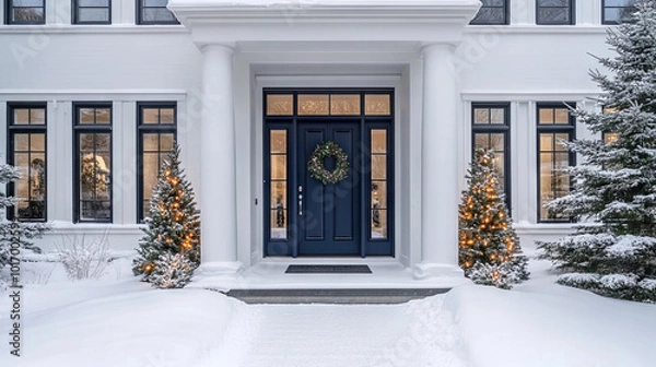 Fototapeta A snowy front porch of a home decorated with a Christmas wreath on the door and lit holiday trees, creating a cozy and festive winter atmosphere.
