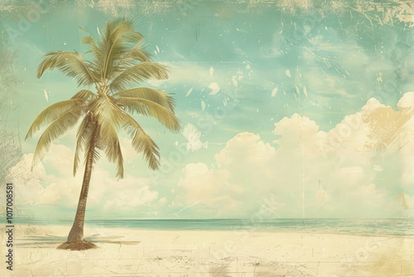 Fototapeta A palm tree is standing on a beach with a blue sky in the background