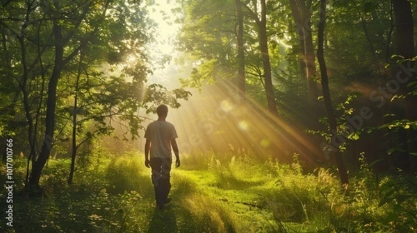 Fototapeta Man Walking in a Sunlit Forest Path, bathed in warm sunlight