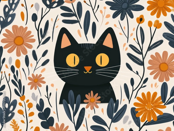 Fototapeta Cute Black Cat Surrounded by Autumn Flowers and Leaves, Whimsical Floral Illustration in Warm Tones