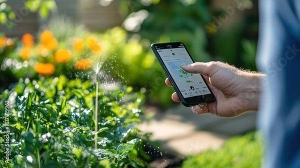 Fototapeta A person using a smartphone to manage a garden irrigation system.