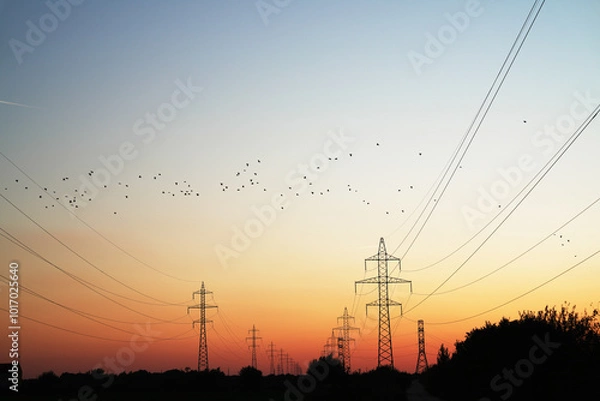 Obraz power lines at sunset, birds