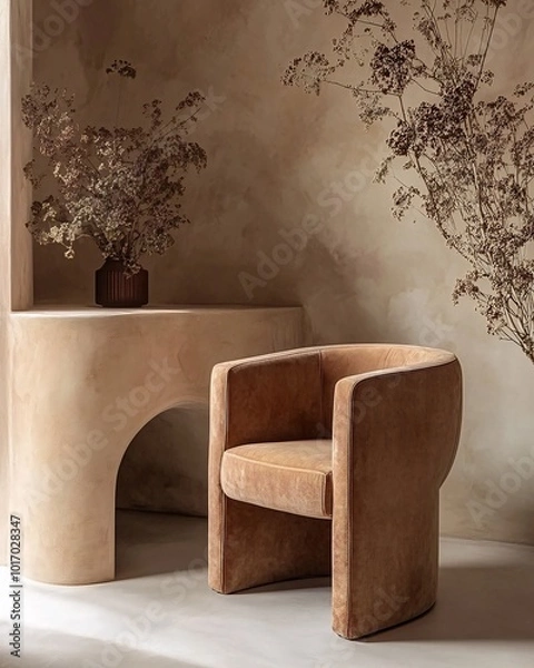 Fototapeta A modern brown armchair with a curved design sits in front of a wall with a textured finish, a curved table with a vase of dried flowers sits to the left.