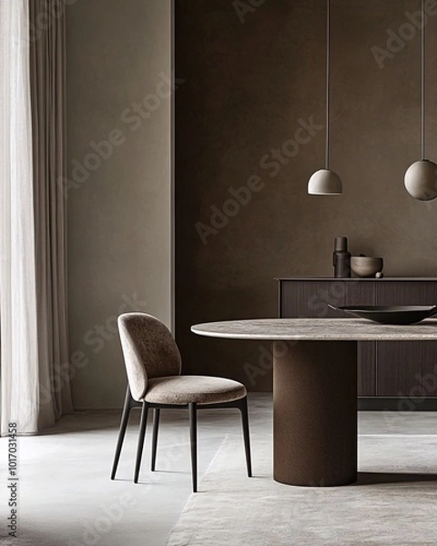 Fototapeta A single chair sits at a modern oval dining table with a brown pillar base, in a minimalist room with neutral tones and two pendant lights.
