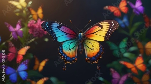 Fototapeta A vibrant, iridescent butterfly with a wide wingspan takes flight above a garden of colorful butterflies.