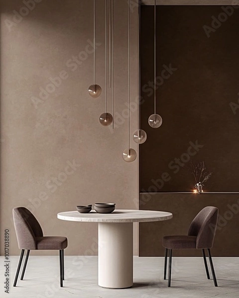 Fototapeta Minimalist dining room interior with round table, chairs, and pendant lights.