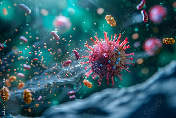 Fototapeta A virus is shown in a greenish blue background with many other particles