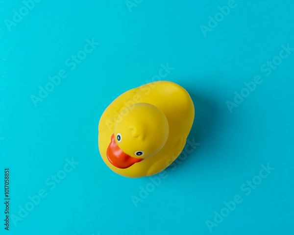 Fototapeta Yellow rubber duck on blue background. Summer minimal concept.