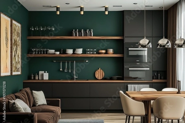 Fototapeta Trendy minimalist space with charcoal kitchen cabinets, wooden art shelves, jade green walls, platinum pendant lights, chocolate brown sofa, and ivory dining chairs