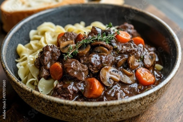 Fototapeta Rustic Beef Bourguignon with Mushrooms and Carrots in Rich Red Wine Sauce for Gourmet Dining