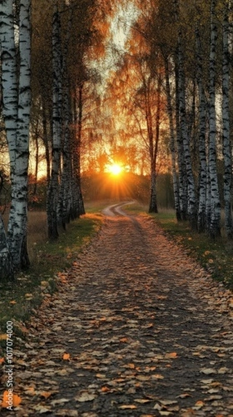Fototapeta Autumn sunrise illuminating a winding path through birch trees