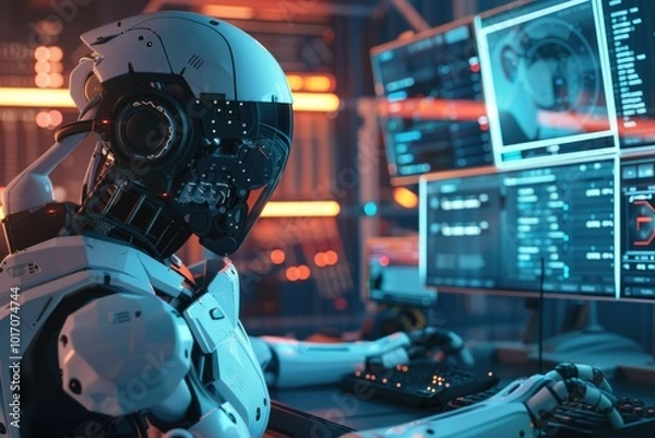 Fototapeta AI robot hacker in digital world  cyber security concept.