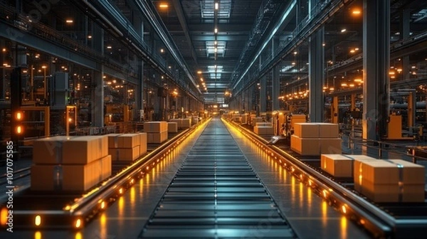 Fototapeta A long conveyor belt in a warehouse with cardboard boxes moving through the production line.