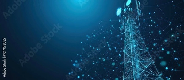 Fototapeta Abstract digital telecommunication tower with antennas as low poly wireframe. Technology 3D polygonal