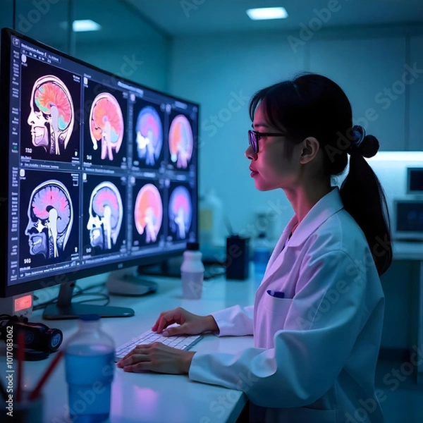 Obraz A young female doctor examining brain scans on a computer monitor in a dimly lit medical office. Asian Female Neuroscientist Looking at TV Screen, Analyzing Brain Scan MRI Images