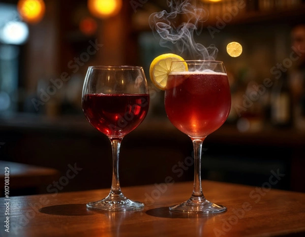 Fototapeta Two glasses of wine on a wooden table in a bar