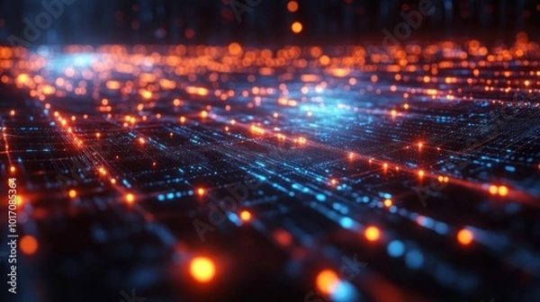 Fototapeta Abstract digital network with glowing nodes and lines, representing data flow, connectivity, and technology.