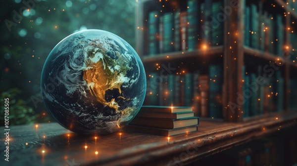 Fototapeta Magic fantasy Earth Globe on wooden table near books in a library. School geography background presentation wallpaper. Futuristic technology