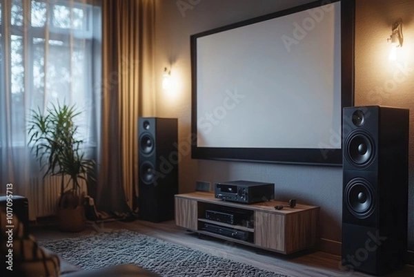 Fototapeta Cozy home theater setup with large screen and audio equipment.