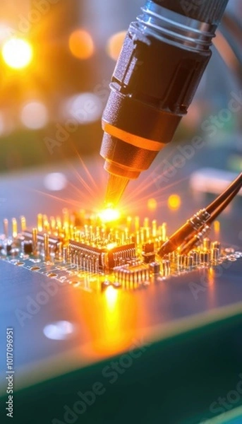 Obraz Close up of a laser soldering iron working on a circuit board in a workshop setting