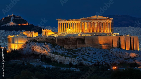 Fototapeta The Acropolis of Athens, illuminated at night, with a city skyline in the background.