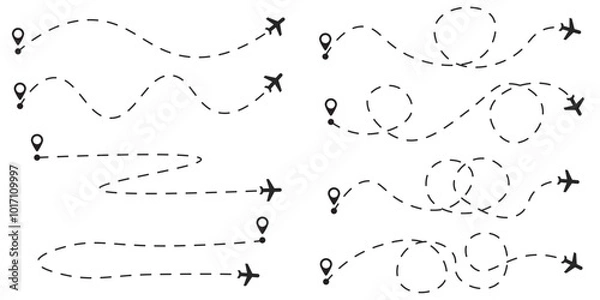 Fototapeta Aeroplane tourism routes illustration isolated black different dashed versions. Vector icons in flat style.