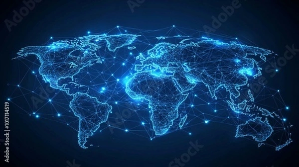 Fototapeta A digital abstract representation of the world with glowing blue lines and dots