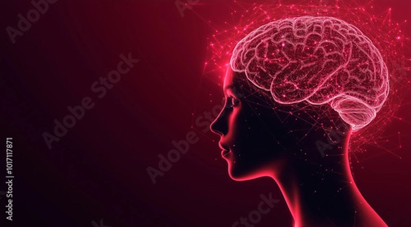 Fototapeta A digital rendering of a human profile with a glowing brain.