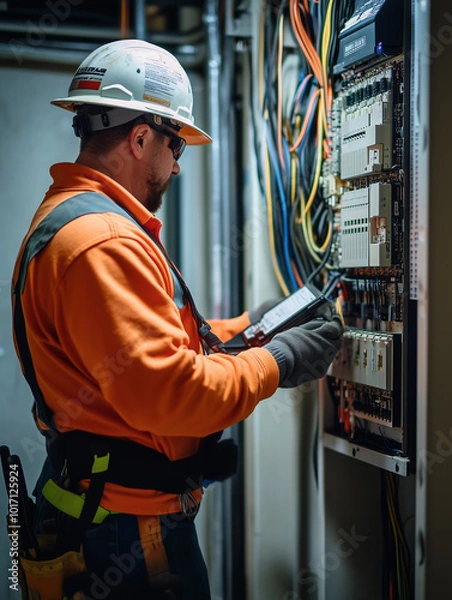 Fototapeta Electrician inspecting complex electrical panel wiring.