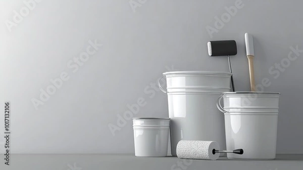 Fototapeta Metal and plastic buckets, paint roller, and brush on a monochromatic backdrop for painting walls. 3D rendering of apartment renovation and interior design.