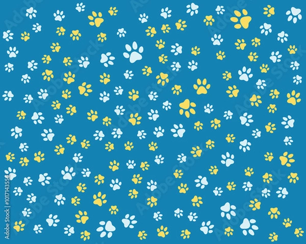 Fototapeta pattern little paws, a blue background with paw prints
