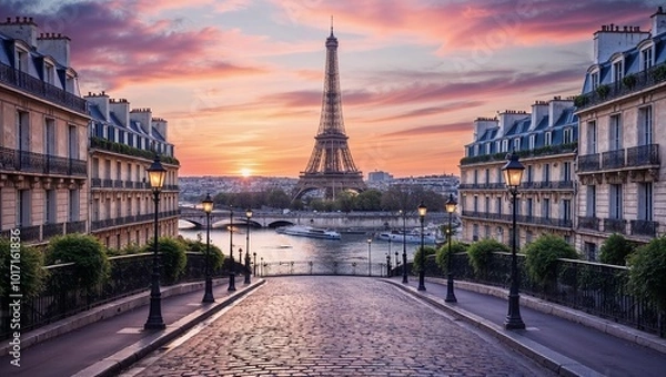 Fototapeta panoramic view of Paris at sunset, focusing on iconic landmarks like the Eiffel Tower, the Seine River, and classic Parisian architecture