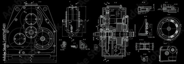 Fototapeta Engineering mechanical pencil drawing set of steel devices
(reducer, gearbox, engine)
with dimension lines. Industrial 
cad scheme on paper sheet. Technology background
of machine building industry. 