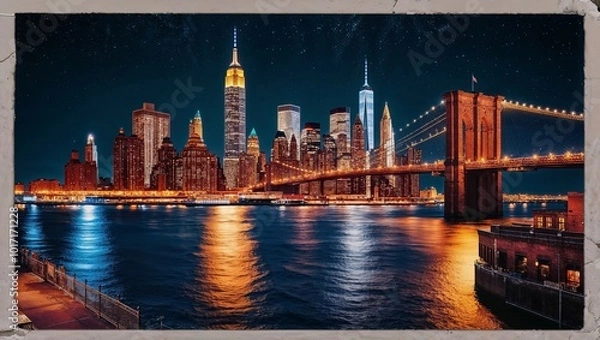 Fototapeta New York City at night, highlighting the iconic skyline with towering skyscrapers like the Empire State Building and the One World Trade Center