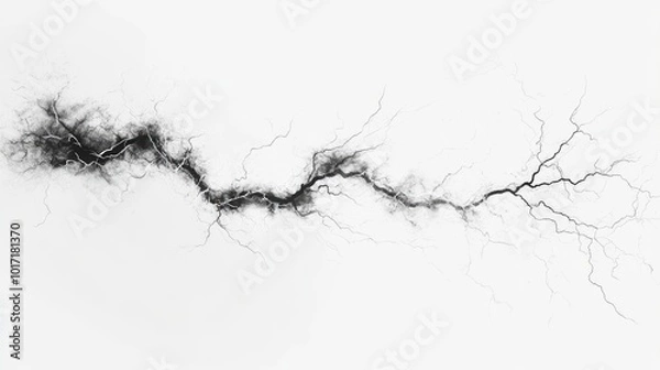 Fototapeta Lightning bolt with branching fingers. Scary powerful black strike isolated on white background