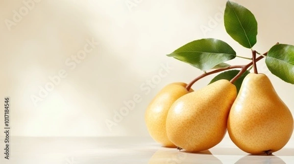 Fototapeta A trio of golden pears adorned with lush green leaves, resting on a soft light background, highlighting their texture and colorfulness in serene composition.