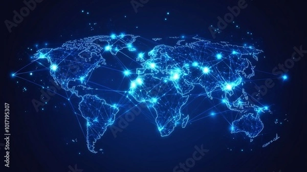 Fototapeta A Glowing World Map with Interconnected Nodes