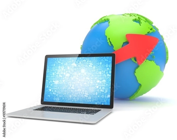 Fototapeta Laptop network and earth globe. 3d render