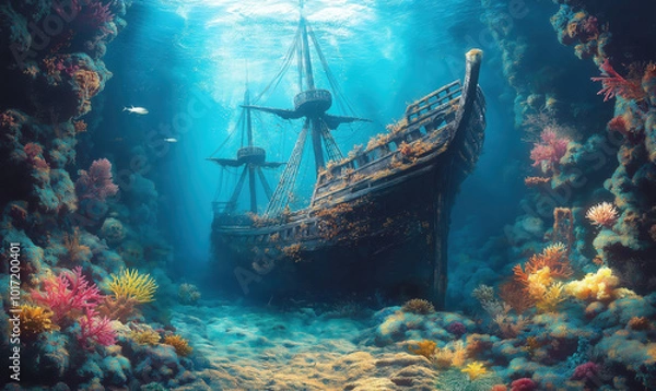 Fototapeta Illustration, a sunken sailing ship on the seabed.