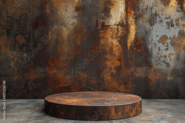 Fototapeta product presentation podium, empty rusty metal plate, round platform with rusty industrial wall background, empty stage, display mockup, copy space, photorealistic