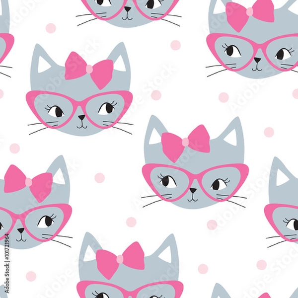 Obraz seamless grey cat with pink pattern vector illustration