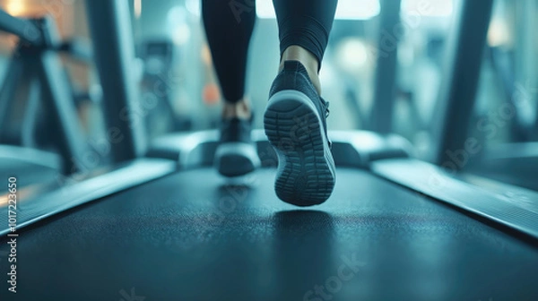 Fototapeta A person running on a treadmill. The person is wearing black pants and a grey shoe. The person is running on a blue surface