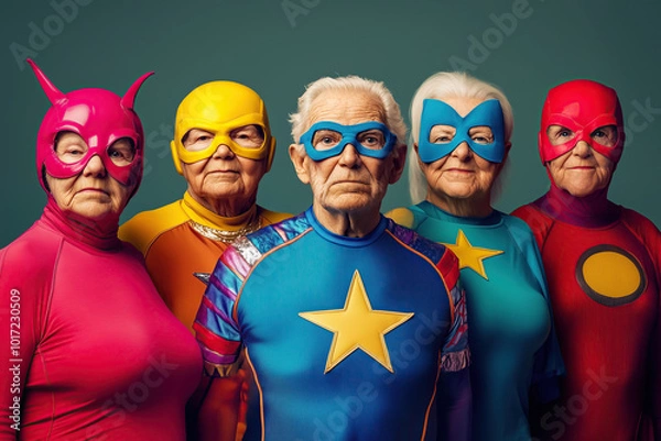 Fototapeta people of ai // elderly superheroes posing in colorful costumes with masks, studio setting, dark background, photorealistic