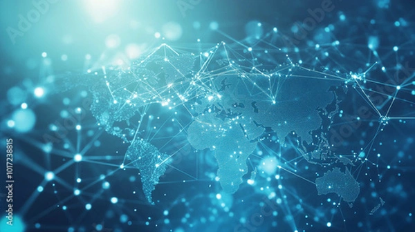 Obraz A light blue background with a digital world map and global network connections, representing the concept 