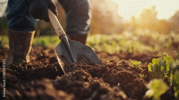 Fototapeta A person using a shovel to dig soil in a garden at sunset, illustrating the themes of farming, hard work, and nature, with sunlight casting warm tones on the scene.