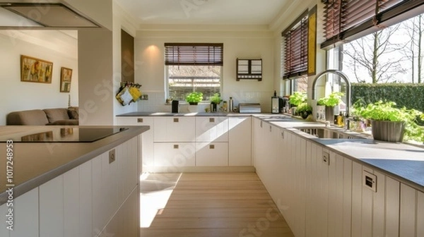 Obraz A bright kitchen with a window overlooking a backyard garden, letting in plenty of sunshine.